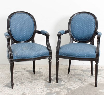 Lot 388 - Pair of Louis XVI Style Black Lacquered Armchairs