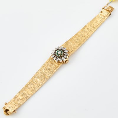 Lot 113 - Ladys Diamond and Stone Bracelet Watch, 15 diamonds about 0.65 ct., 17 Jewels, Swiss, 14K 27 dwt.   all