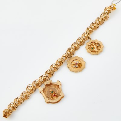 Lot 115 - Gold Charm Bracelet with 3 gold and stone charms attached, 14K 17 dwt. all, bead missing