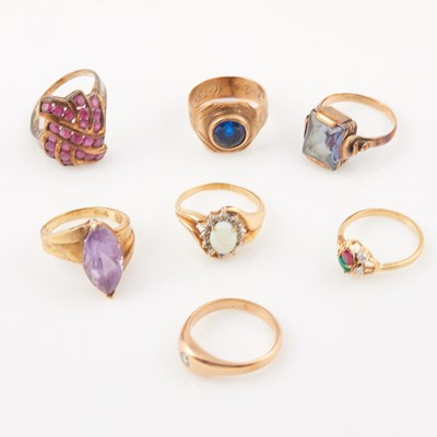 Lot 137 - Diamond Ring and Six Gold and Stone Rings, 10K 18 dwt. all