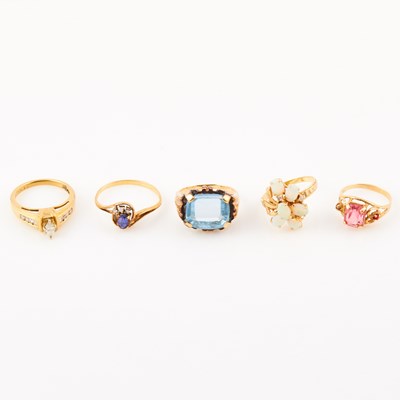 Lot 138 - Diamond Ring and Four Gold and Stone Rings, 14K 12 dwt. all