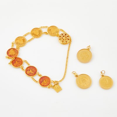 Lot 156 - Three Gold and Coin Pendants and Flexible Bracelet, 24K, 22K and 14K 22 dwt. all