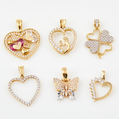 Lot 185 - Six Gold and Stone Pendants, 14K 8 dwt. all