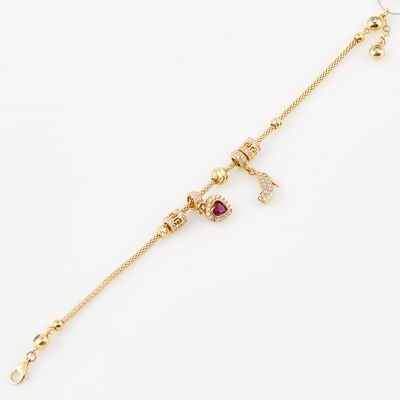 Lot 191 - Gold Charm Bracelet with 5 gold and stone charms attached, 14K 5 dwt. all