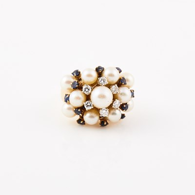 Lot 204 - Diamond, Stone and Bead Ring, 6 diamonds about 0.45 ct., 14K 9 dwt. all