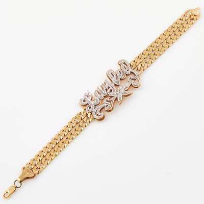 Lot 267 - Diamond ID Bracelet, 14K 17 dwt., damaged and stone damaged with 10K clasp
