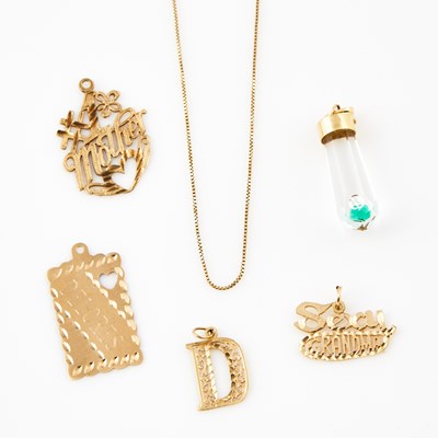 Lot 354 - Five Gold and Stone Pendants and Neck Chain, 14K and 10K 7 dwt. all