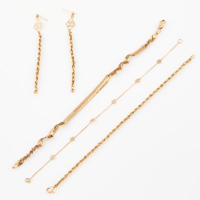 Lot 355 - Two Gold Earrings and Three Flexible Bracelets, 14K 4 dwt., damaged