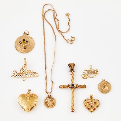 Lot 393 - Eight Gold and Stone Pendants and Neck Chain, 14K 12 dwt. all, damaged