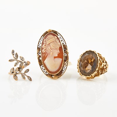 Lot 399 - Diamond Ring and Two Gold, Cameo and Stone Rings, 14K 14 dwt. all