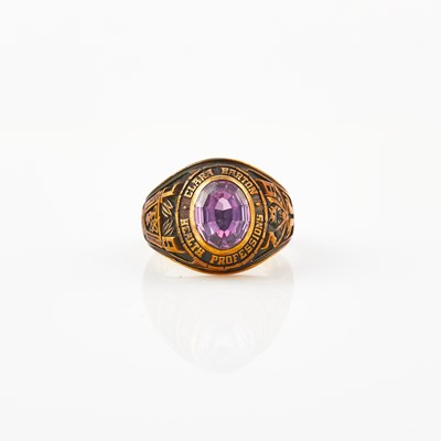 Lot 405 - Gold and Stone School Ring, 10K 6 dwt. all