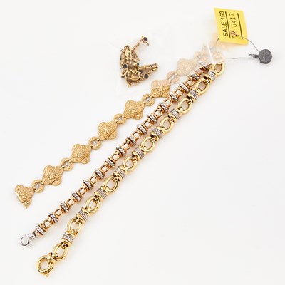 Lot 417 - Two Diamond and Stone Flexible Bracelets and Two Gold Flexible Bracelets 18K 10 dwt. and 14K 38 dwt., all, damaged