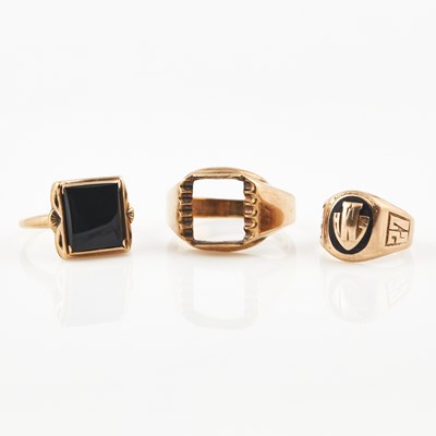 Lot 471 - Three Gold and Stone Rings, 10K 7 dwt. all, stone missing
