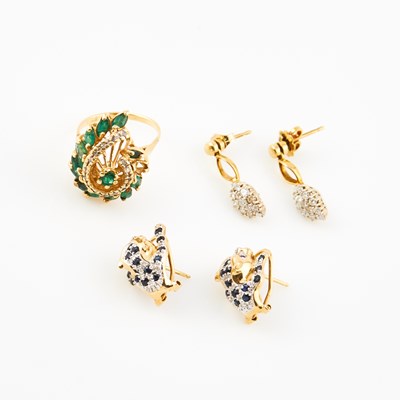 Lot 487 - Diamond and Stone Ring, Two Earrings and Two Gold and Stone Earrings, 14K 10 dwt. all, stone missing