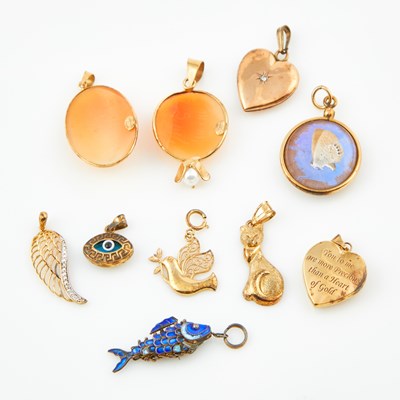 Lot 491 - Nine Gold, Stone and Enamel Pendants, 14K and 10K 11 dwt. all and Metal Pendant