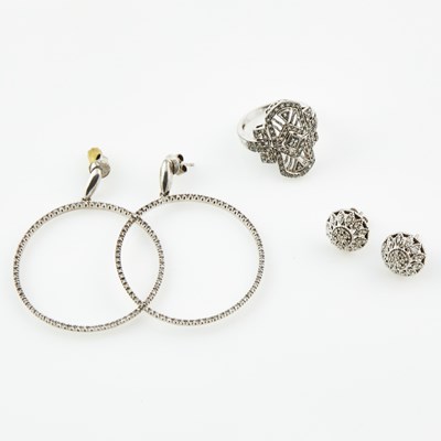 Lot 499 - Four Diamond Earrings and Ring, Silver