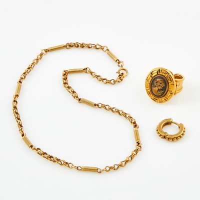 Lot 500 - Gold and Enamel Cameo Ring, Earring and Neck Chain, 14K 12 dwt. all