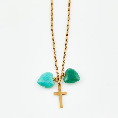 Lot 503 - Gold Neck Chain with 3 gold and stone pendants attached, 18K, 14K and 9K 13 dwt. all