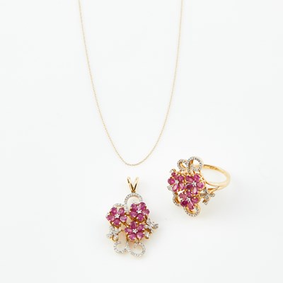 Lot 533 - Diamond and Stone Ring, Pendant and Gold Neck Chain, 14K 9 dwt. all