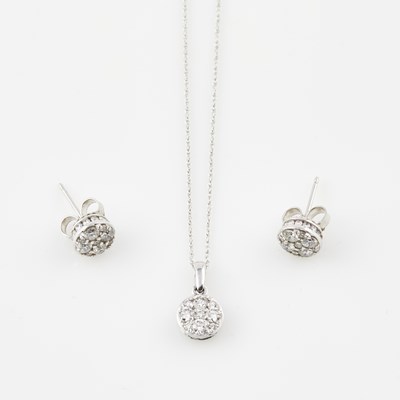 Lot 549 - Diamond Pendant Two Earrings, 66 diamonds about 1.45 cts., and Gold Neck Chain, 14K 2 dwt.