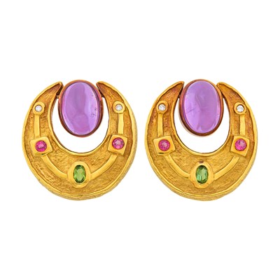 Lot 147 - Seidengang Gold, Cabochon Amethyst, Multicolored Tourmaline and Diamond 'Athena' Pendant-Earrings