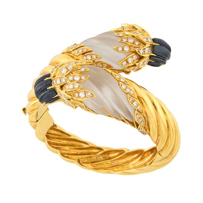Lot 8 - Gold, Fluted Frosted Rock Crystal, Diamond and Black Onyx Crossover Bangle Bracelet