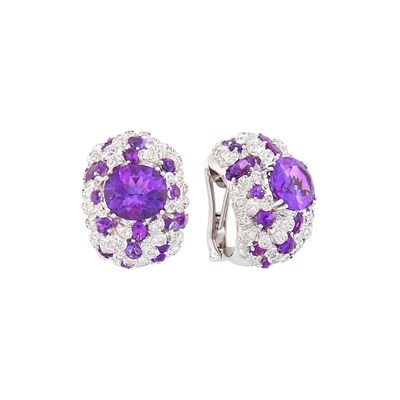 Lot 54 - Pair of White Gold, Amethyst and Diamond Bombé Half-Hoop Earclips