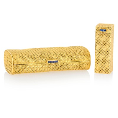Lot 28 - Basketwoven Gold and Sapphire Case and Lipstick Case
