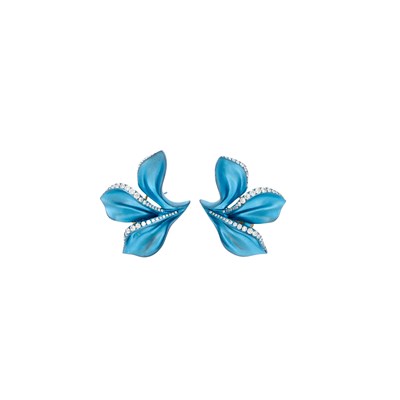 Lot 1042 - Alexis Pair of Blue Titanium, White Gold and Diamond Flower Earrings