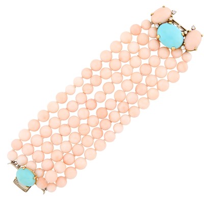 Lot 11 - Tambetti Six-Strand Angel Skin Coral Bead, Turquoise and Diamond Bracelet