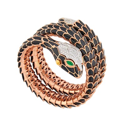 Lot 98 - Alexis Rose Gold-Plated Silver, White Gold, Black Enamel, Diamond and Emerald Snake Bracelet-Watch