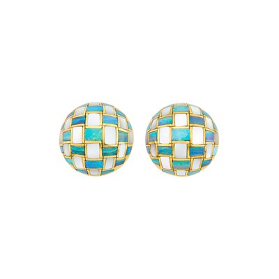 Lot 10 - Tiffany & Co. Pair of Gold, Opal and Mother-of-Pearl Checkerboard Earclips