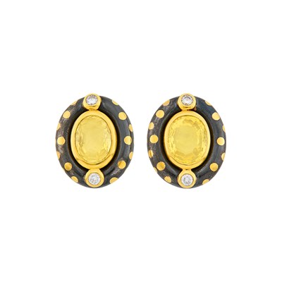 Lot 142 - Faraone Pair of Gold, Oxidized Steel, Yellow Sapphire and Diamond Earclips