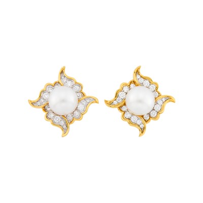 Lot 90 - Angela Cummings for Assael Pair of Gold, Platinum, South Sea Cultured Pearl and Diamond Earclips