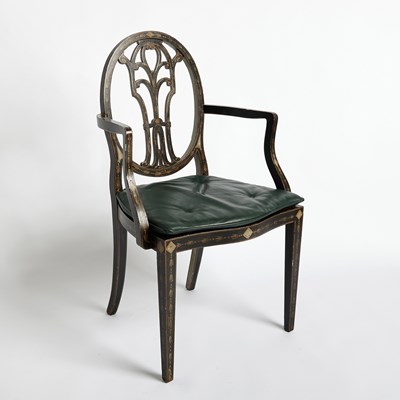 Lot 228 - George III Style Carved and Floral Painted Caned Armchair