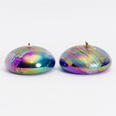 Lot 52 - Pair of Iridescent Glass Oil Lamps
