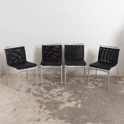 Lot 79 - Set of Four Modern Metal and Black Mesh Side Chairs