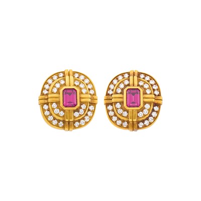 Lot 151 - Barry Kieselstein-Cord Pair of Gold, Rhodolite Garnet and Diamond Earclips