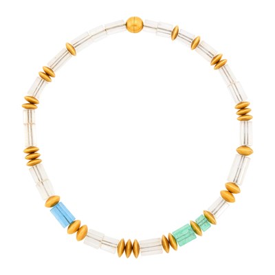 Lot 161 - Gold, Rock Crystal, Emerald and Aquamarine Bead Necklace