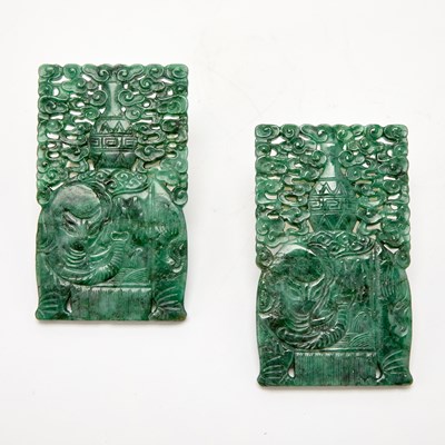 Lot 73 - A Pair of Chinese Carved Chloromelanite Jadeite Plaques
