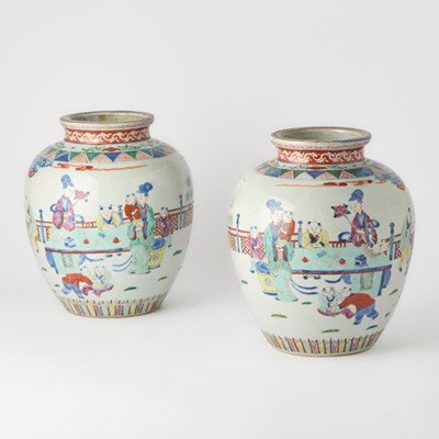 Lot 423 - A Pair of Chinese Wucai Porcelain Jars