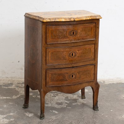 Lot 189 - Rococo Style Inlaid Fruitwood Marble-Top Serpentine Commodino
