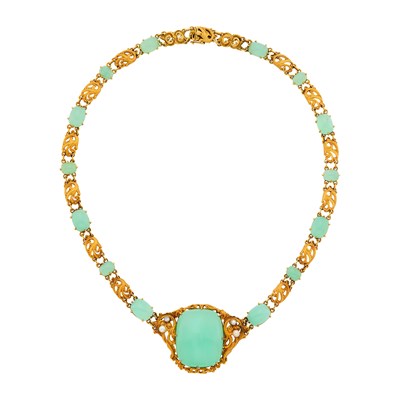 Lot 89 - Art Nouveau Gold, Green Chrysoprase, Diamond and Pearl Necklace