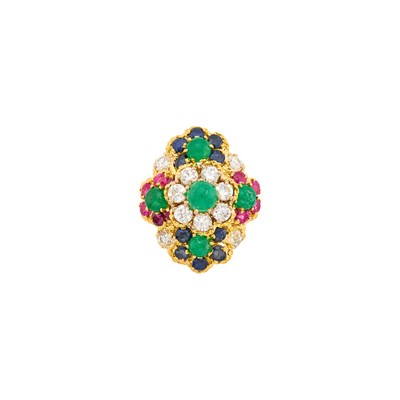 Lot 154 - Gold, Cabochon Emerald, Ruby, Sapphire and Diamond Ring