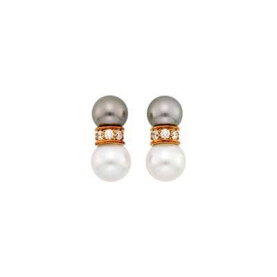 Lot 141 - Mikimoto Pair of Gold, Gray and White Cultured Pearl and Diamond Earclips