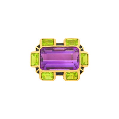 Lot 14 - Tony Duquette Gold, Amethyst, Peridot and Black Enamel Ring