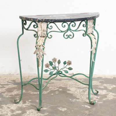 Lot 190 - Green and White Painted Wrought Iron Demilune Console