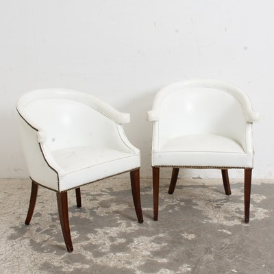 Lot 270 - Pair of White Leather Upholstered Barrel Back Armchairs
