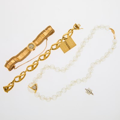 Lot 2012 - Gold Bracelet and Wristwatch, Rock Crystal and Diamond Necklace and Platinum and Diamond Ring