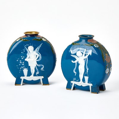 Lot Pair of Mintons Pâte-sur-Pâte Porcelain Moon Flask Vases Titled "Wanted" and "Notice"